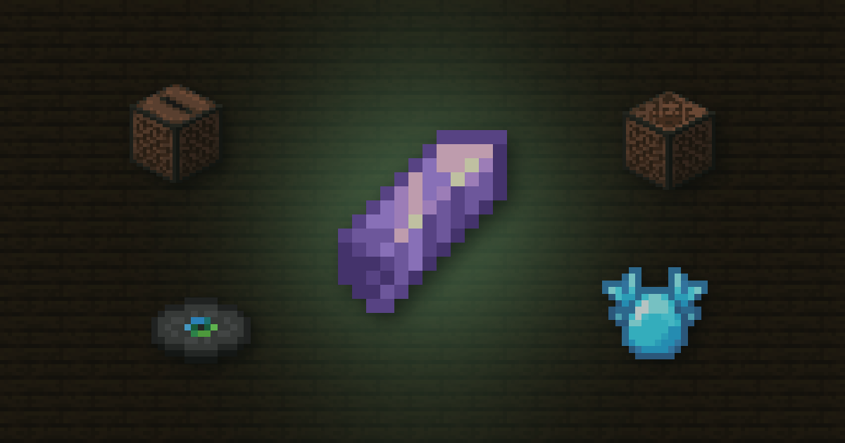 An amethyst shard surrounded by a jukebox, a note block, a music disc and an allay spawn egg on dark oak planks