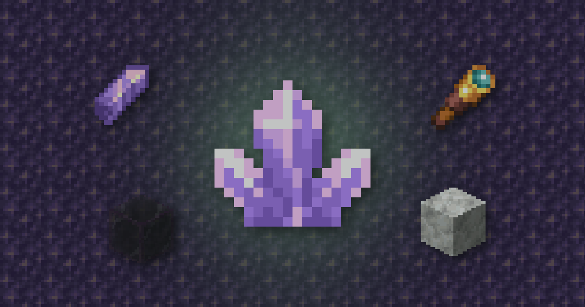 An amethyst cluster surrounded by an amethyst shard, a spyglass, tinted glass and calcite on amethyst blocks