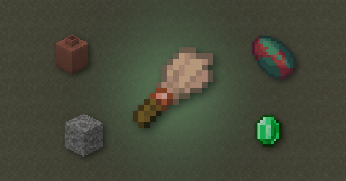 A brush surrounded by a decorated pot, a sniffer egg, suspicious gravel and an emerald on sand