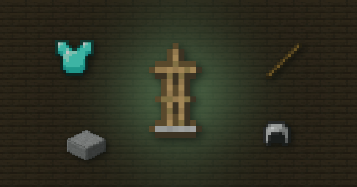 An armour stand surrounded by a diamond chestplate, a stick, a smooth stone slab and an iron helmet on spruce planks