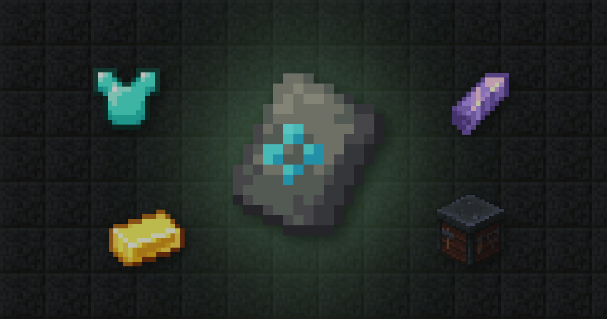A sentry armour trim template surrounded by a diamond chestplate, an amethyst shard, a gold ingot and a smithing table