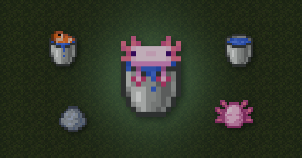 A bucket of axolotl surrounded by a bucket of tropical fish, a water bucket, clay and an axolotl spawn egg on moss