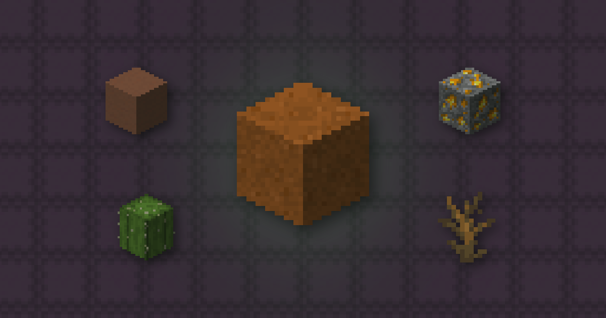 Red sand, terracotta, gold ore, a cactus and a dead bush on orange terracotta