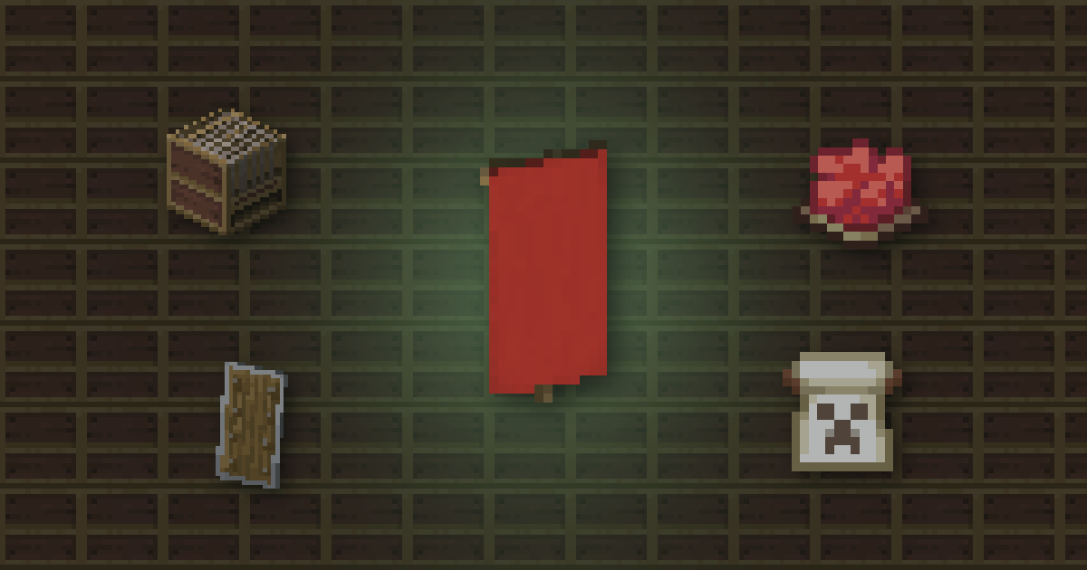 A red banner surrounded by a loom, red dye, a shield and a creeper banner pattern