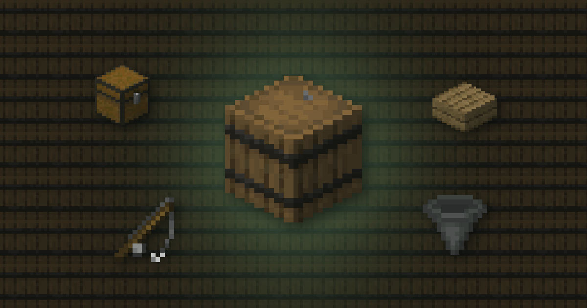 A barrel surrounded by a chest, an oak slab, a fishing rod and a hopper