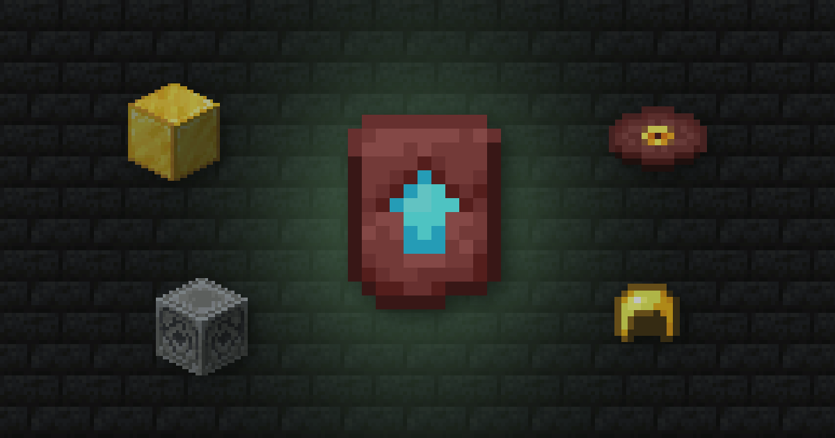 A netherite upgrade template surrounded by a gold block, the Pigstep disc, a lodestone and a golden helmet on blackstone bricks