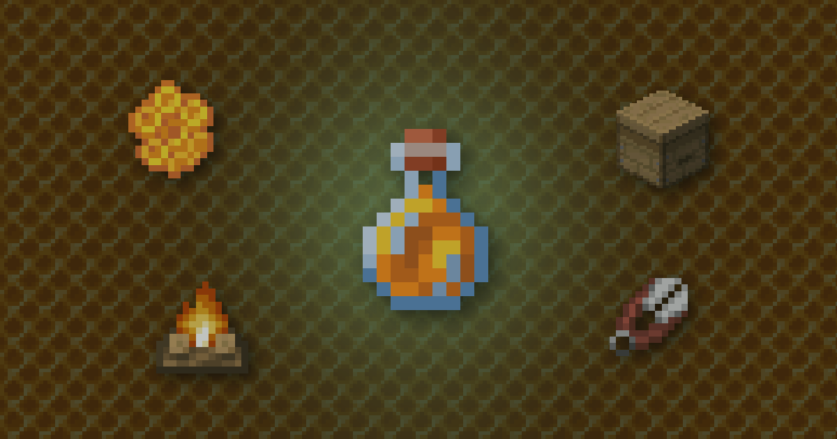 A honey bottle surrounded by honeycomb, a beehive, a campfire and shears on a honeycomb block