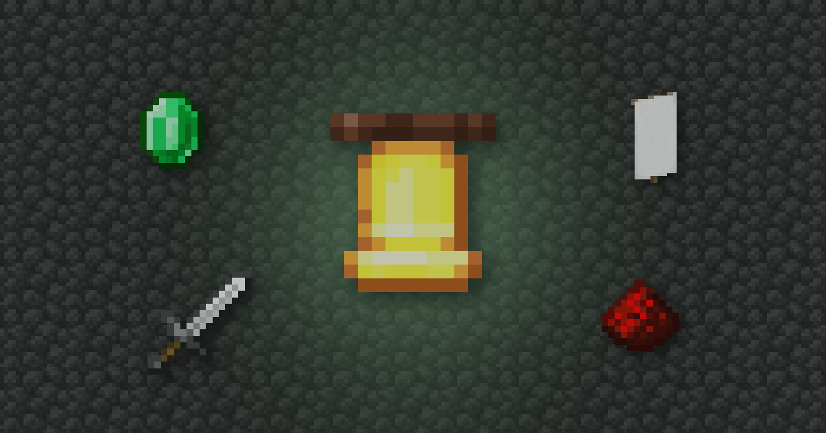 A bell surrounded by an emerald, a banner, an iron sword and redstone on cobblestone