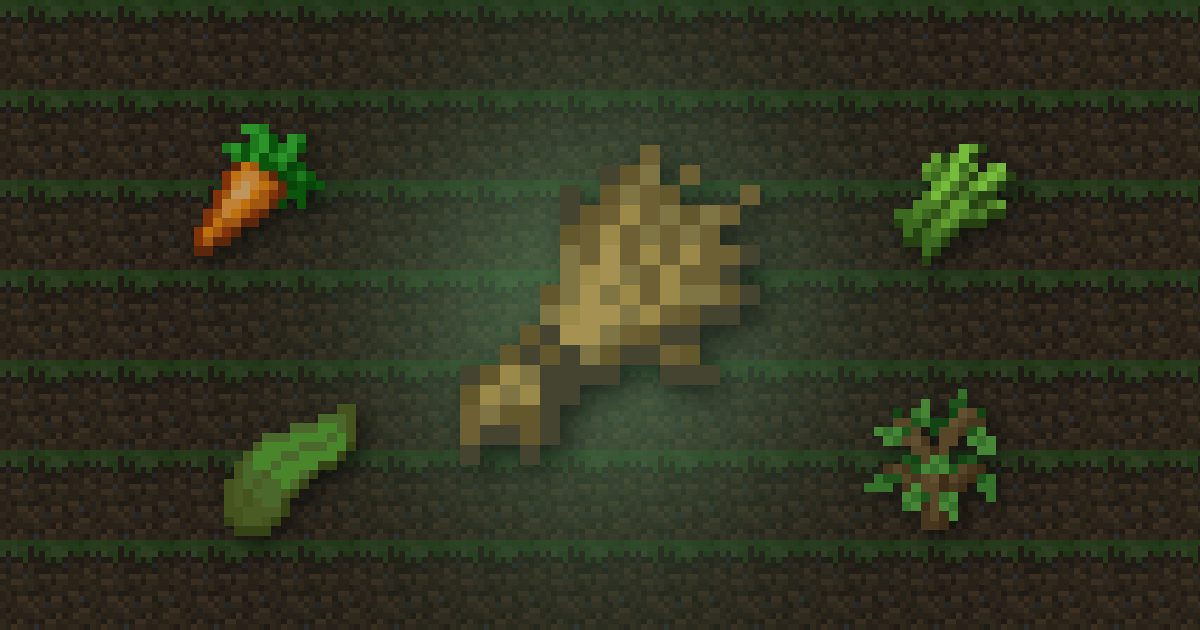 Wheat surrounded by a carrot, sugar cane, kelp and an oak sapling