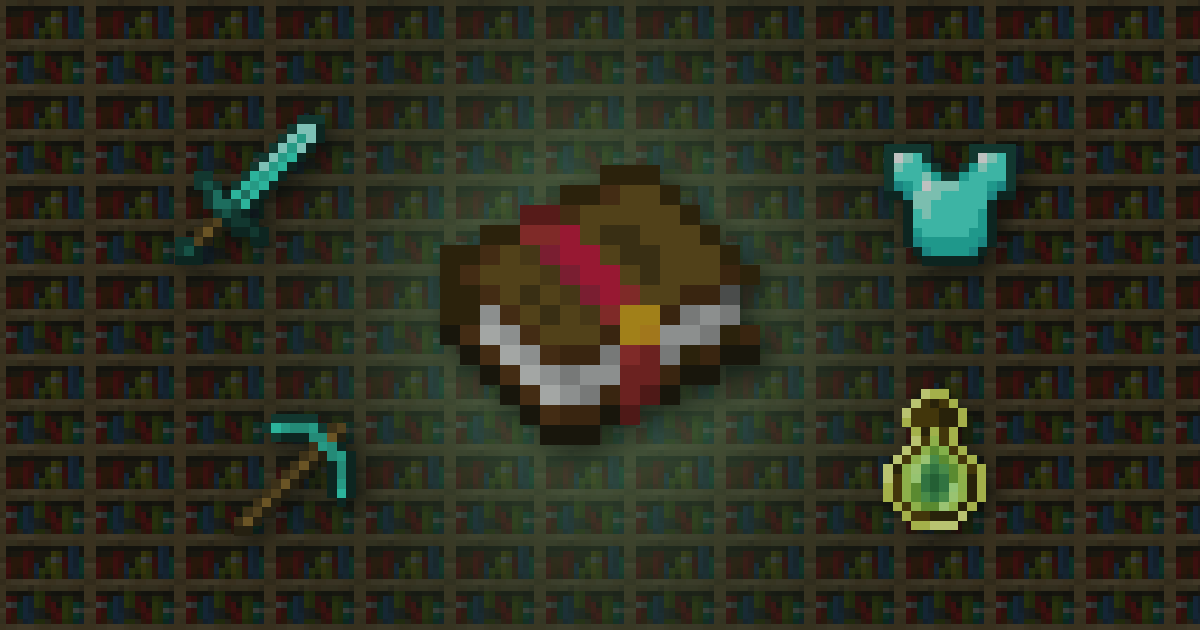 An enchanted book surrounded by a diamond sword, chestplate and pickaxe and a bottle o' enchanting on bookshelves