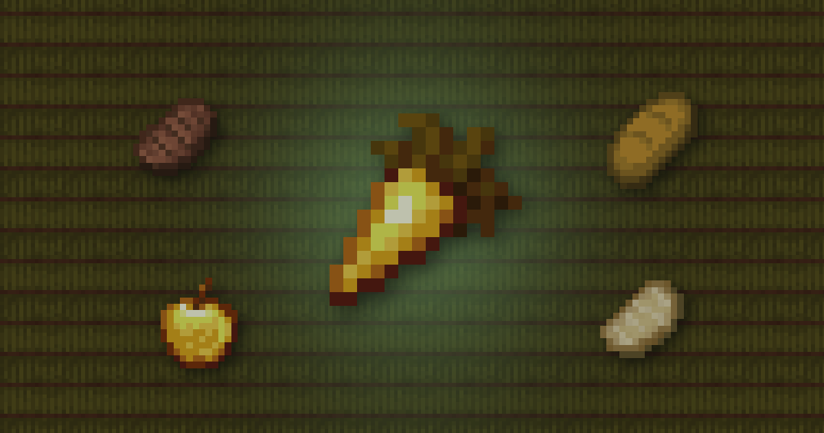A golden carrot surrounded by steak, bread, a golden apple and a cooked porkchop