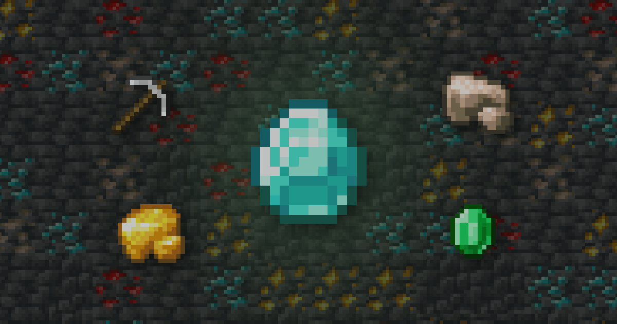A diamond in front of a deepslate wall full of diamond, iron, gold and redstone ore, with a pickaxe, raw iron, raw gold and an emerald