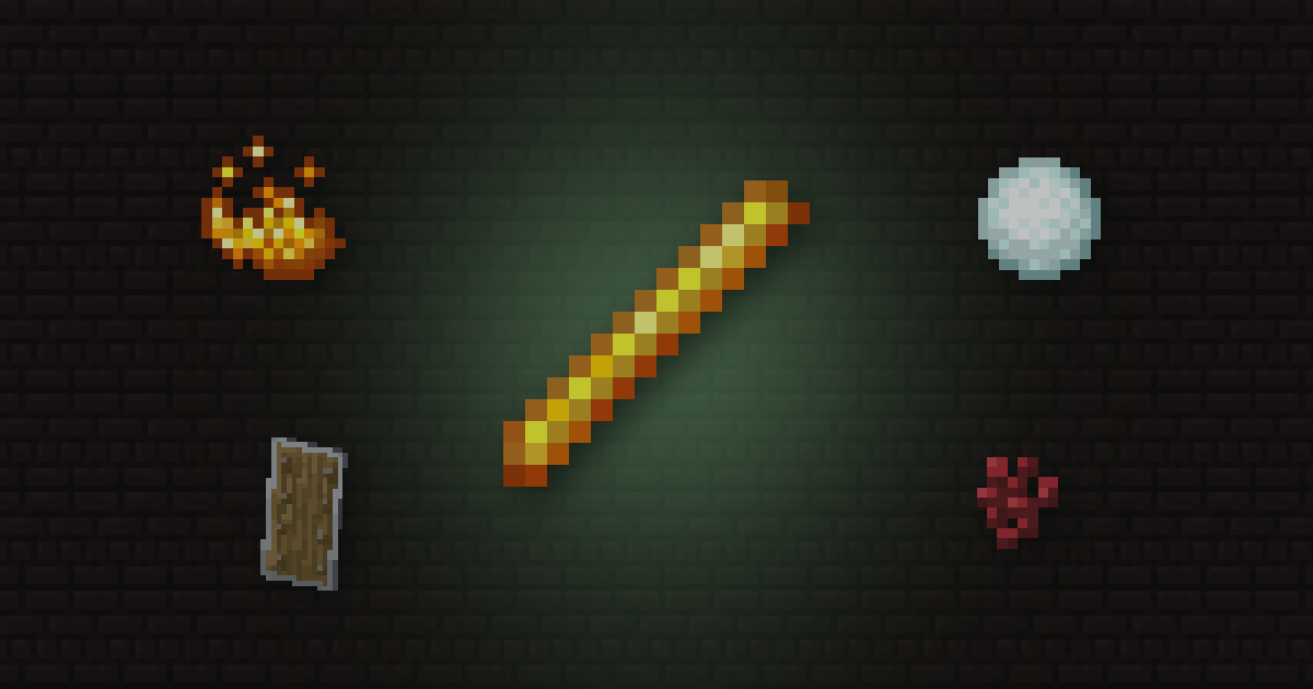 A blaze rod surrounded by blaze powder, a snowball, a shield and nether wart on nether bricks