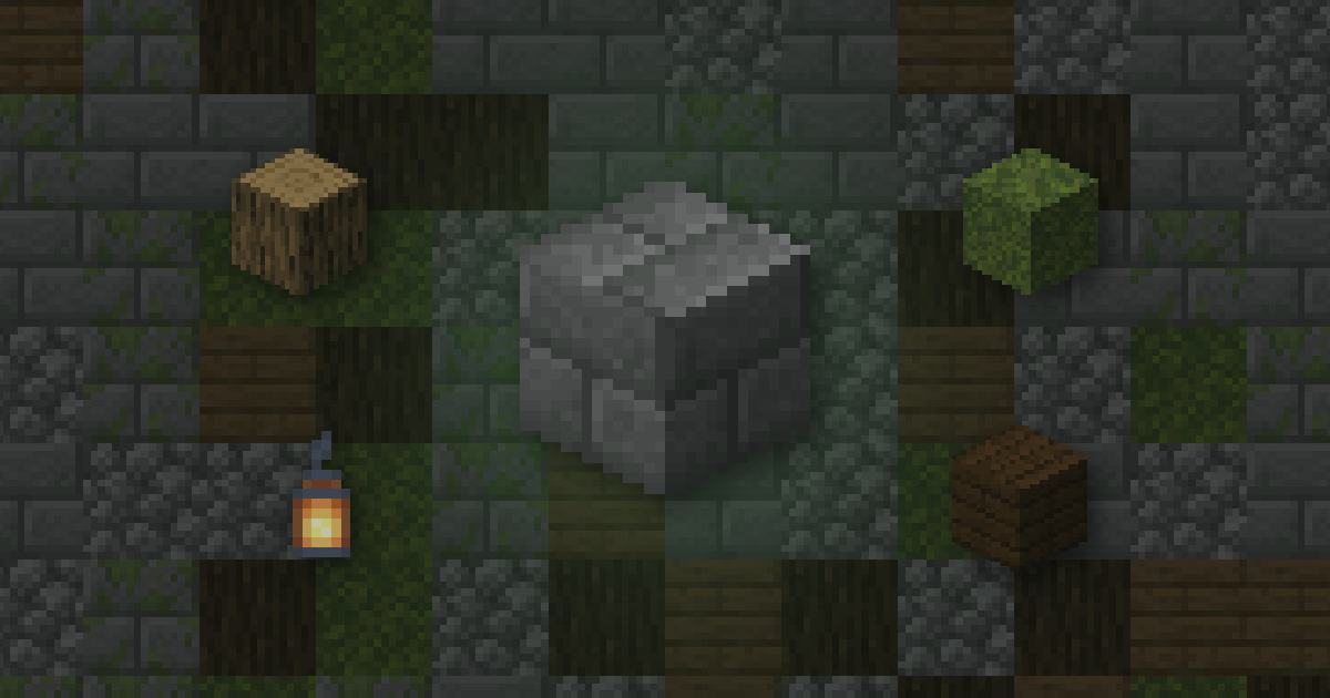 Stone bricks in front of a wall of stone bricks, mossy bricks, spruce and moss, with an oak log, moss, a lantern and dark oak planks