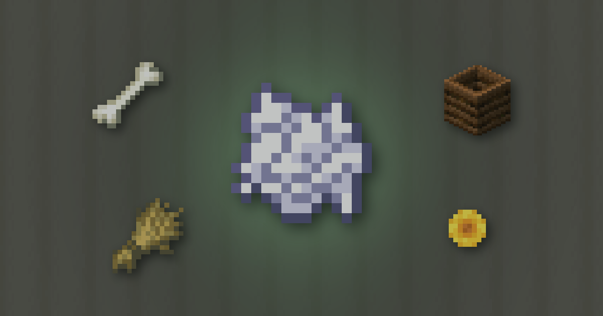 Bone meal surrounded by a bone, a composter, wheat and a sunflower on bone blocks