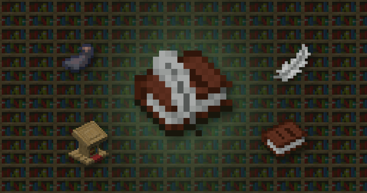 A book and quill surrounded by an ink sac, a feather, a lectern and a written book on bookshelves