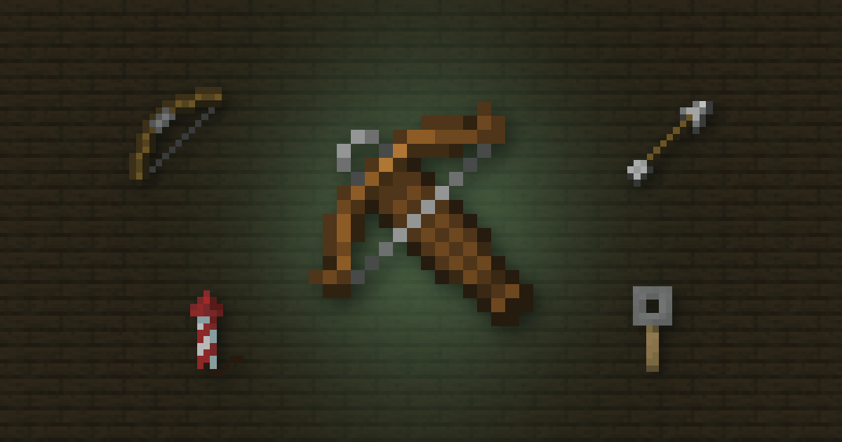A crossbow surrounded by a bow, an arrow, a firework rocket and a tripwire hook on spruce planks
