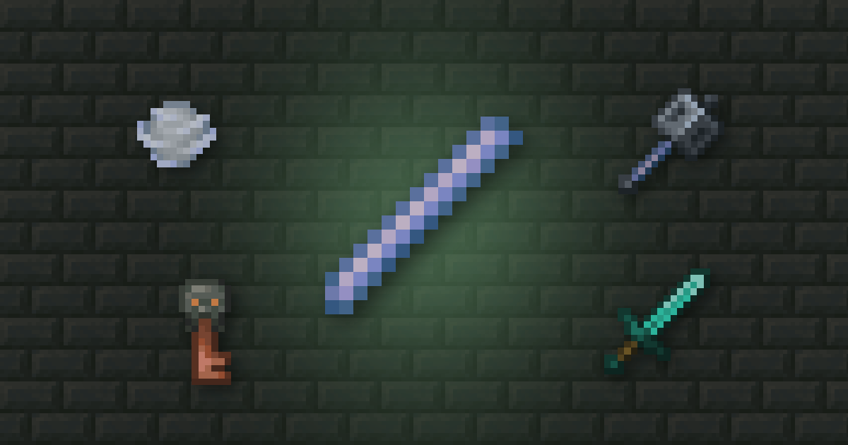 A breeze rod surrounded by a wind charge, a mace, a trial key and a diamond sword on tuff bricks