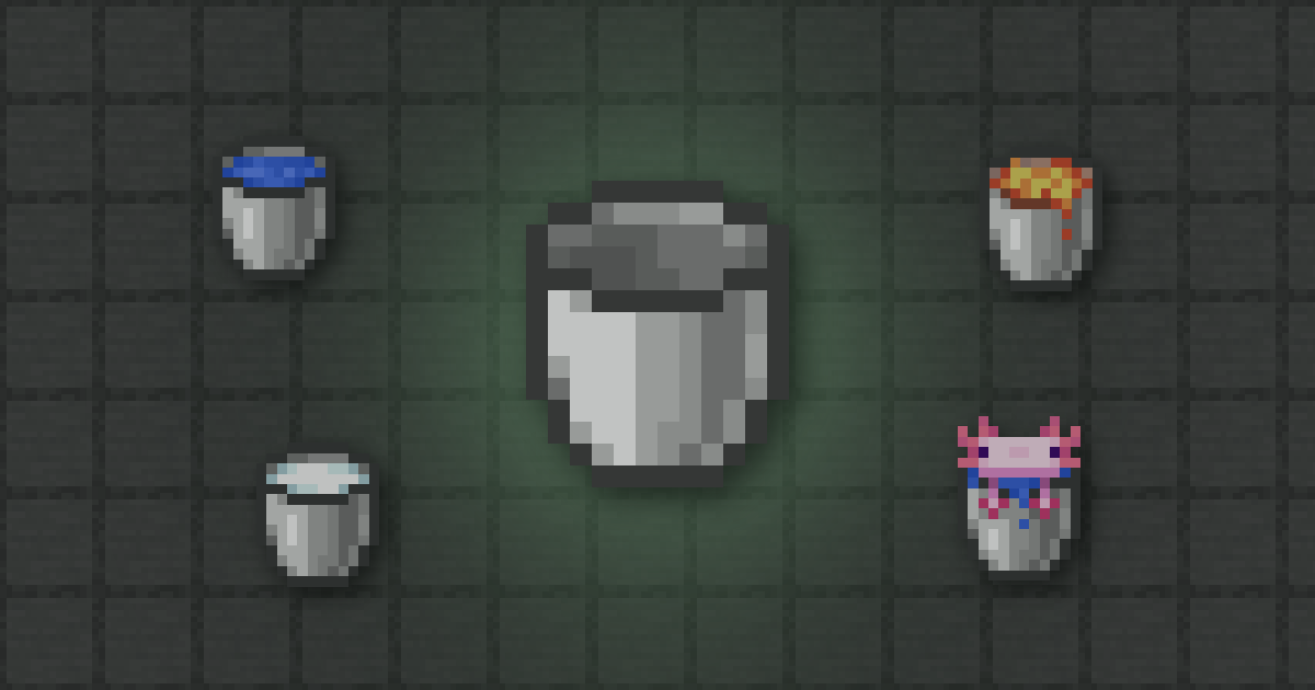 An empty bucket surrounded by a water bucket, a lava bucket, a milk bucket and an axolotl bucket on stone