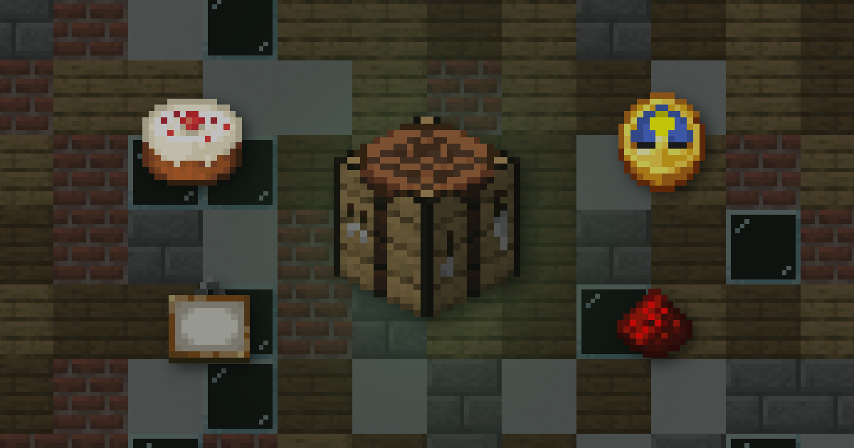 A crafting table in front of a wall of building blocks, with a cake, a clock, a painting and redstone