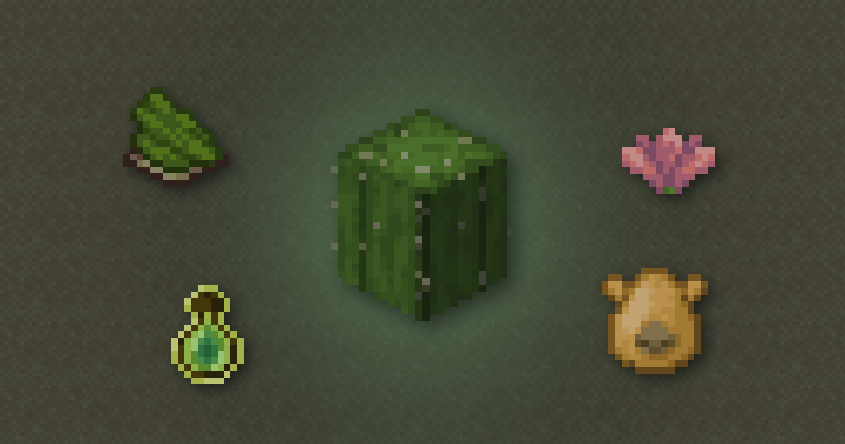 A cactus surrounded by green dye, a cactus flower, a bottle o' enchanting and a camel spawn egg on sand