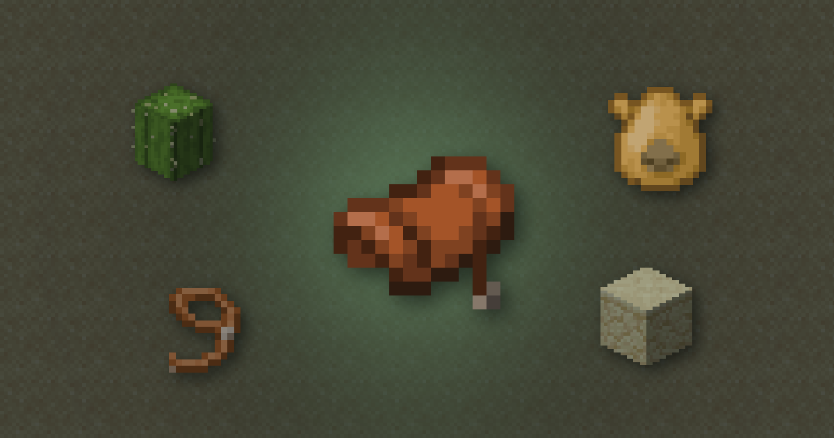 A saddle surrounded by cactus, a camel spawn egg, a lead and sandstone on sand