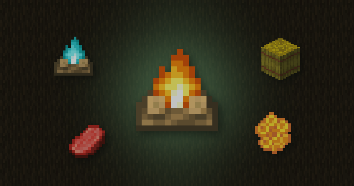 A campfire surrounded by a soul campfire, a hay bale, raw beef and honeycomb on spruce logs