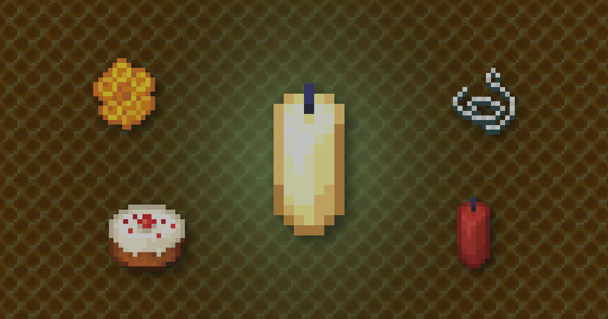A candle surrounded by honeycomb, string, a cake and a red candle on honeycomb blocks