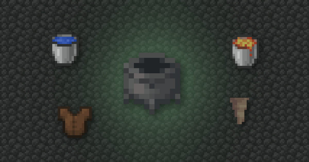 A cauldron surrounded by a water bucket, a lava bucket, a leather tunic and pointed dripstone on cobblestone