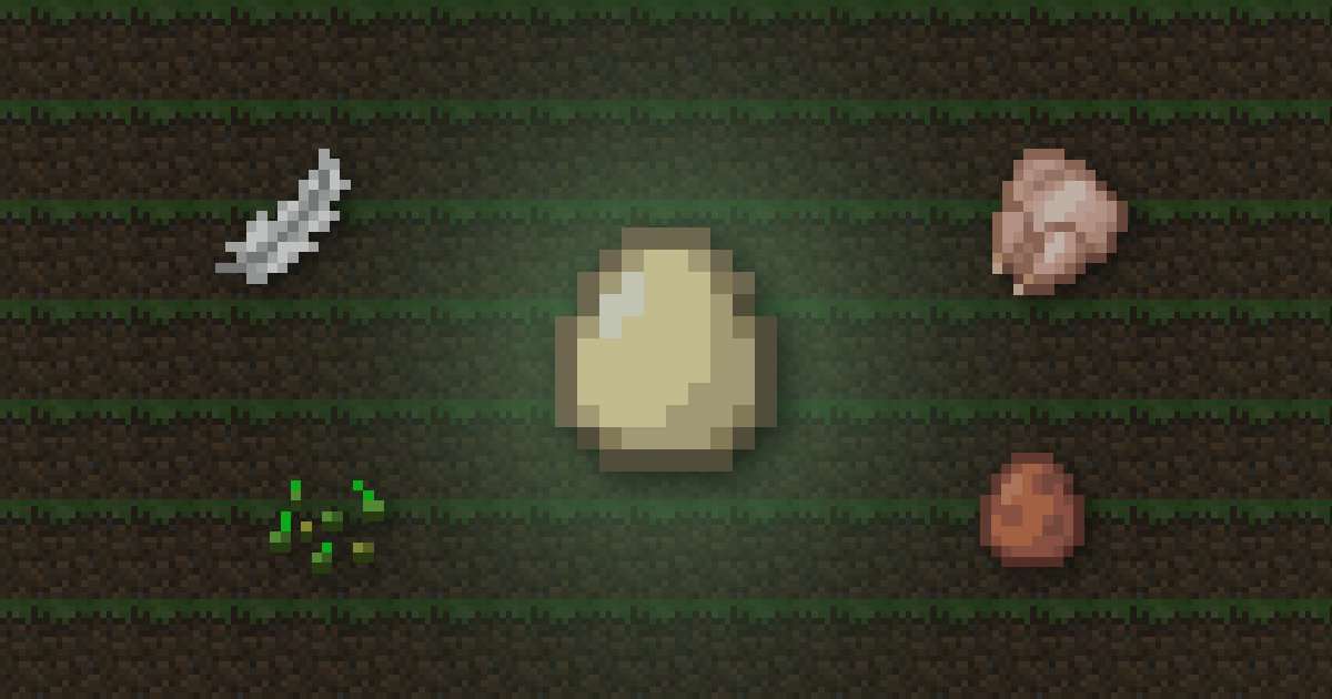 An egg surrounded by a feather, raw chicken, wheat seeds and a brown egg on grass