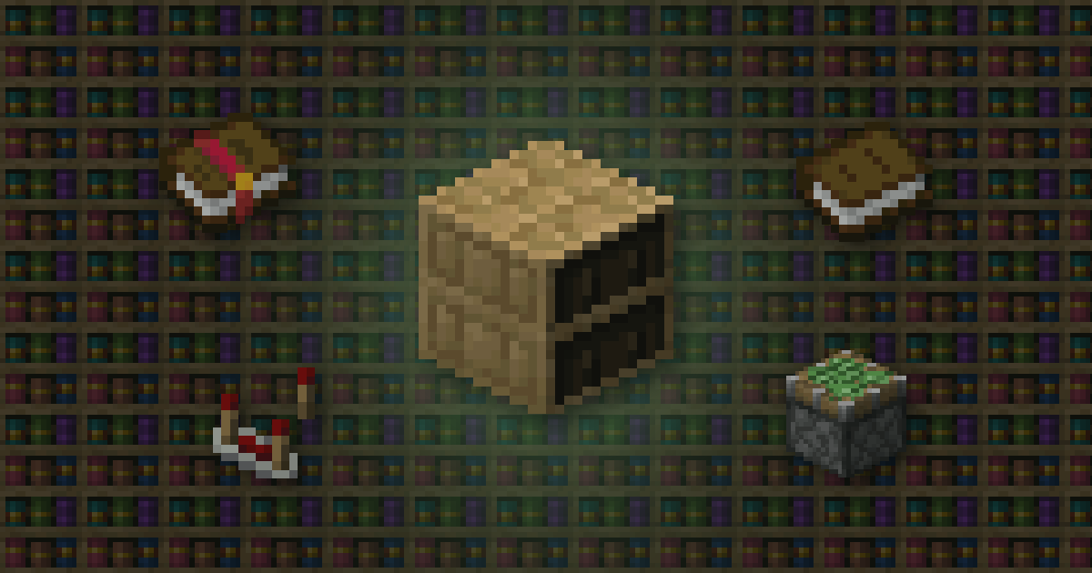 A chiseled bookshelf surrounded by an enchanted book, a book, a comparator and a sticky piston