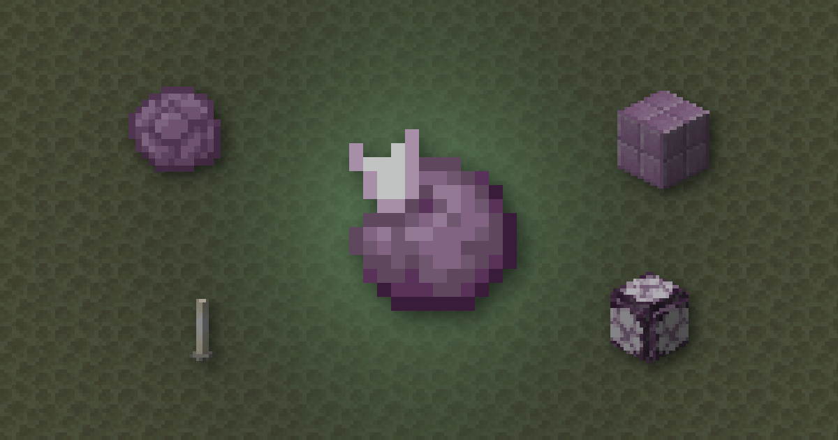 Chorus fruit surrounded by popped chorus fruit, a purpur block, an end rod and a chorus flower on end stone