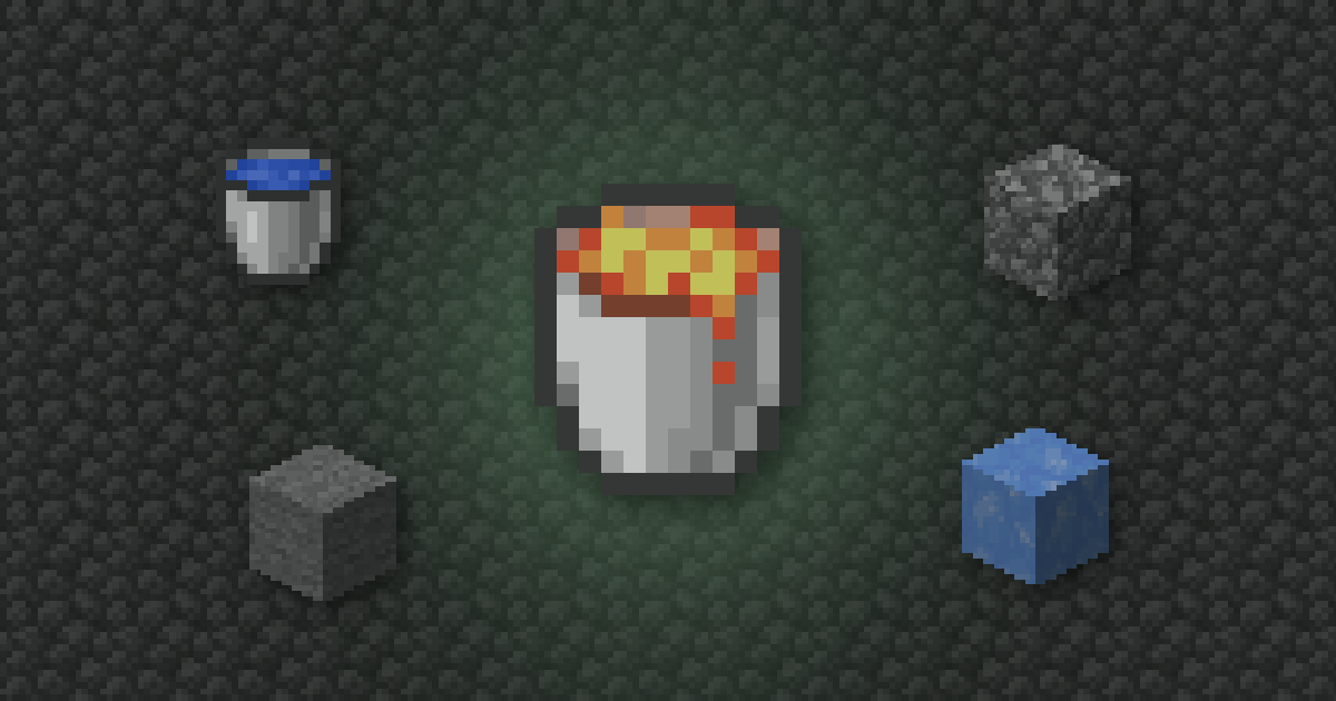 A lava bucket surrounded by a water bucket, cobblestone, stone and blue ice on cobblestone