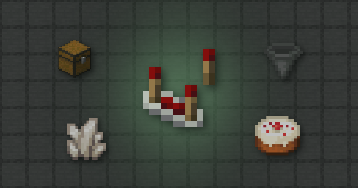 A comparator surrounded by a chest, a hopper, nether quartz and a cake on smooth stone