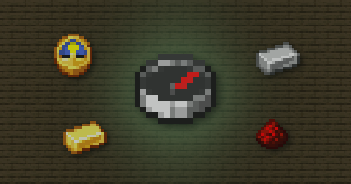 A compass surrounded by a clock, an iron ingot, a gold ingot and redstone on oak planks