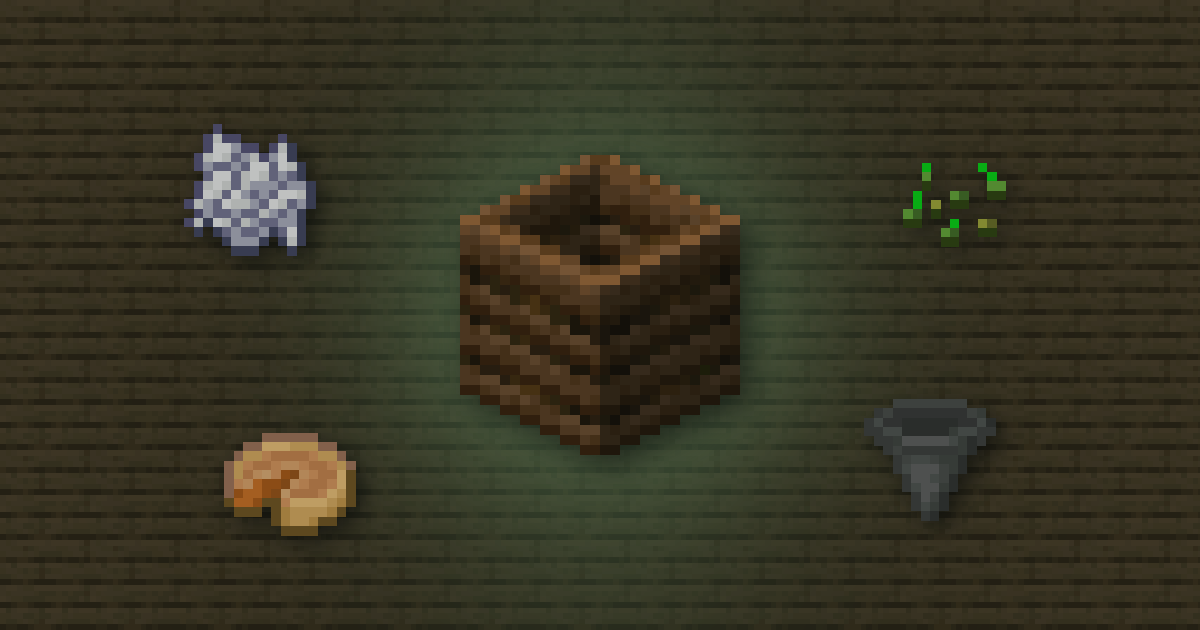 A composter surrounded by bone meal, wheat seeds, a pumpkin pie and a hopper on oak planks