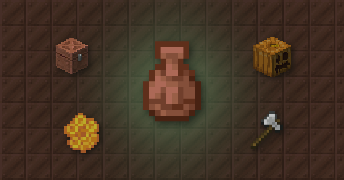 A copper golem spawn egg surrounded by a copper chest, a carved pumpkin, honeycomb and an iron axe on copper