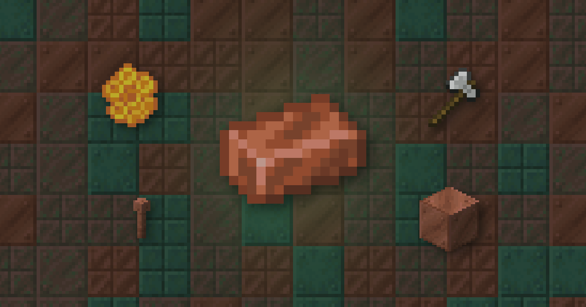 A copper ingot in front of a wall of copper blocks at different oxidation stages, with honeycomb, an axe, a lightning rod and a copper block