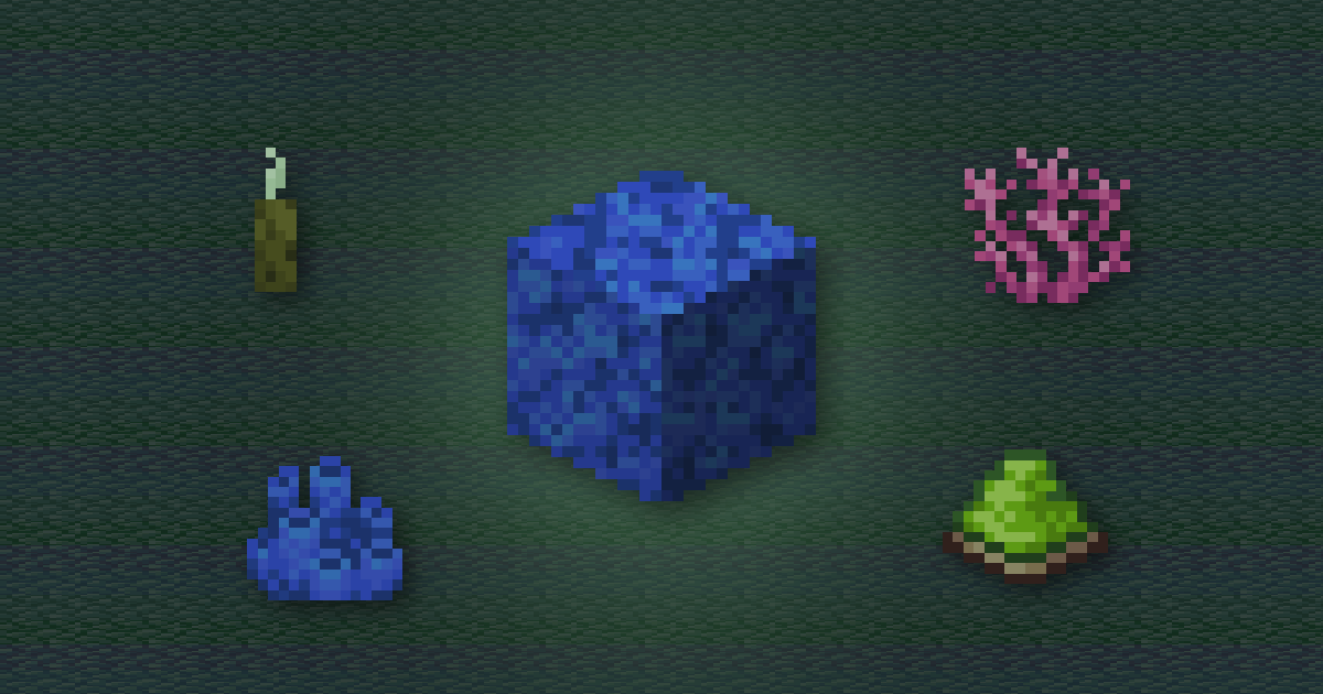 A tube coral block surrounded by a sea pickle, brain coral, tube coral and lime dye on prismarine