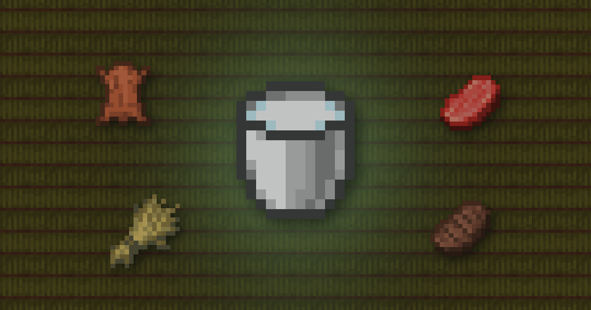 A milk bucket surrounded by leather, raw beef, wheat and steak on hay bales