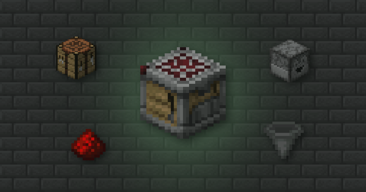 A crafter surrounded by a crafting table, a dropper, redstone and a hopper on stone bricks