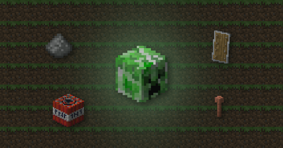 A creeper head surrounded by gunpowder, a shield, TNT and a lightning rod on grass
