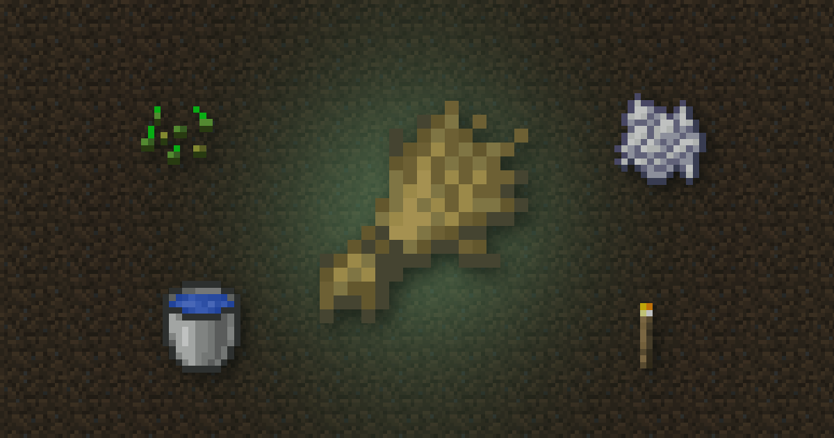 Wheat surrounded by wheat seeds, bone meal, a water bucket and a torch on dirt