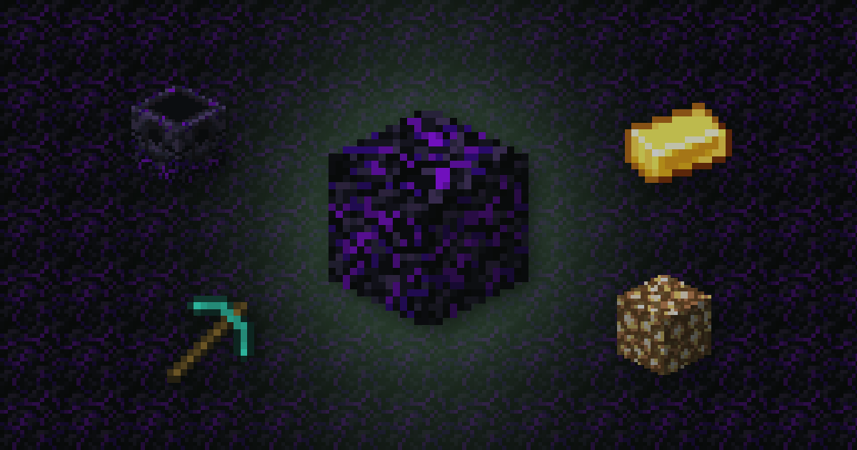 Crying obsidian surrounded by a respawn anchor, a gold ingot, a diamond pickaxe and glowstone on crying obsidian