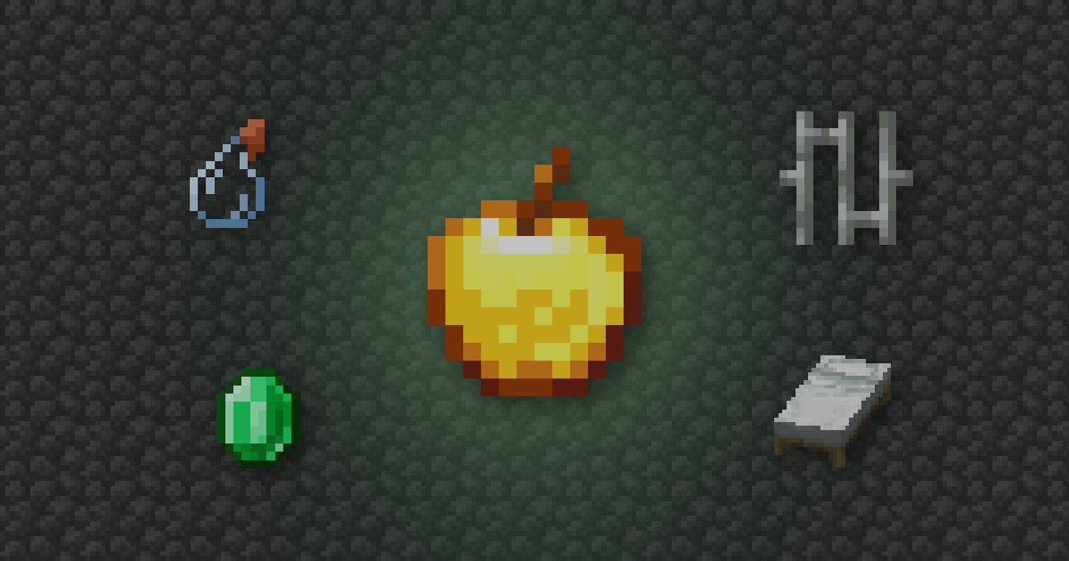 A golden apple surrounded by a splash potion, iron bars, an emerald and a bed on cobblestone