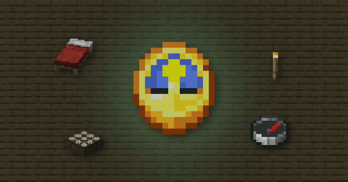 A clock surrounded by a bed, a torch, a daylight detector and a compass on oak planks