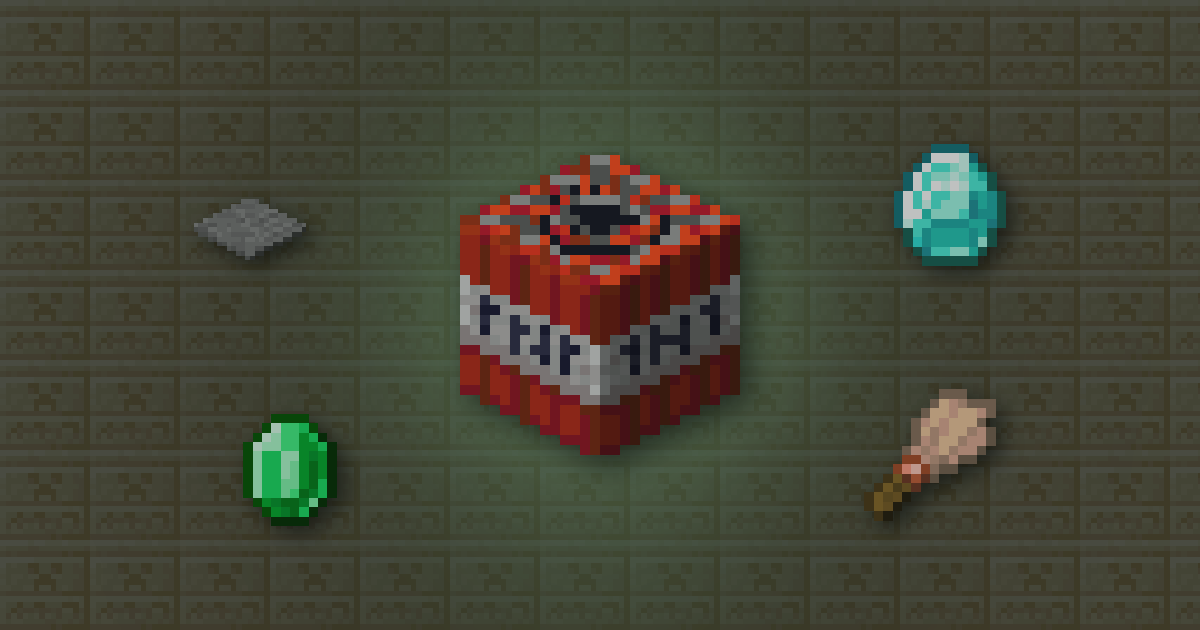 TNT surrounded by a stone pressure plate, a diamond, an emerald and a brush on chiseled sandstone