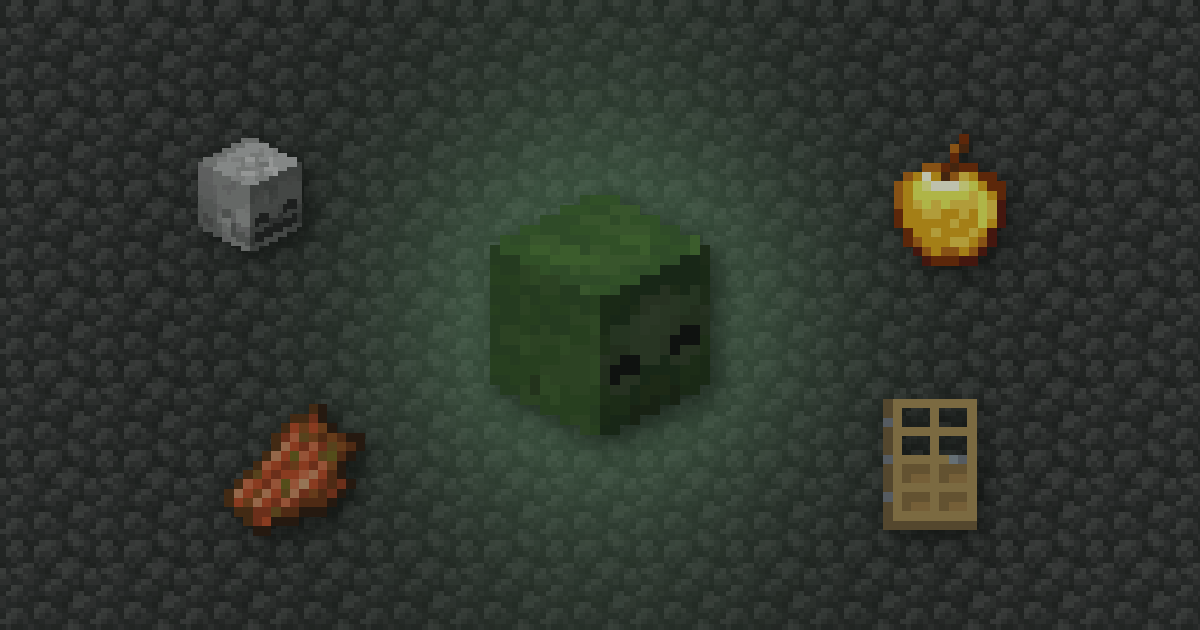 A zombie head surrounded by a skeleton skull, a golden apple, rotten flesh and an oak door on cobblestone