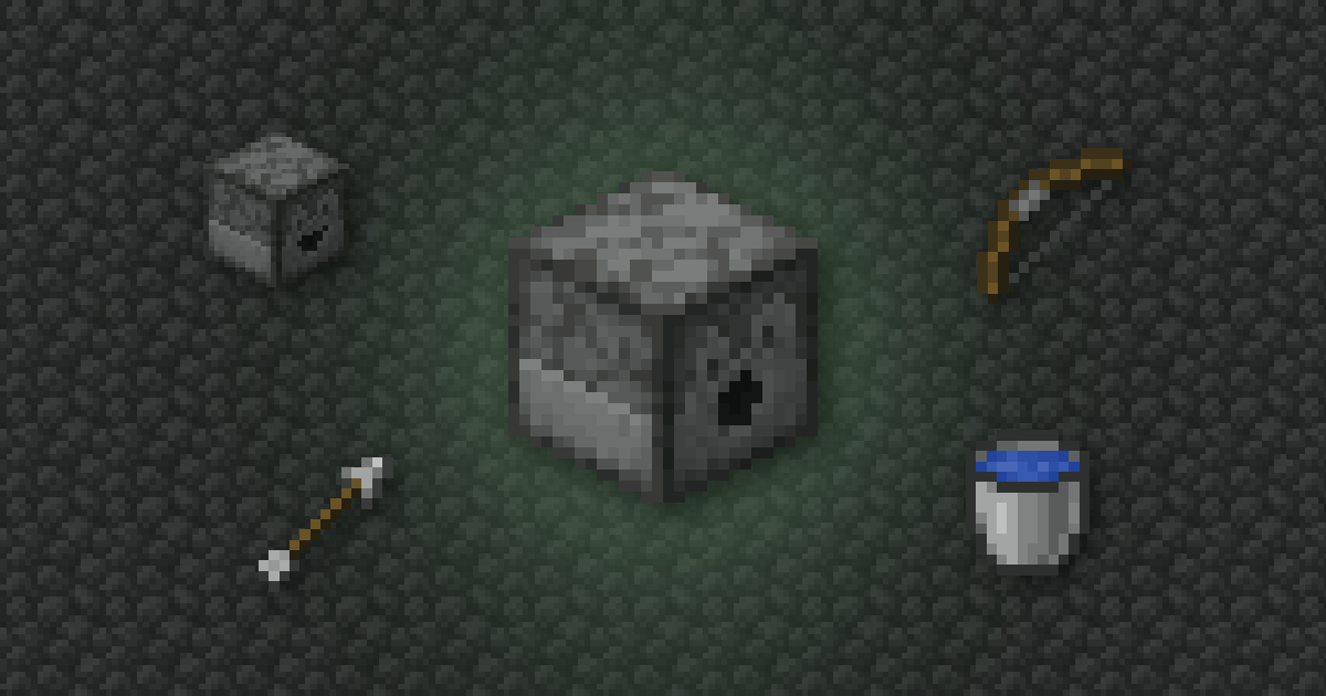 A dispenser surrounded by a dropper, a bow, an arrow and a water bucket on cobblestone