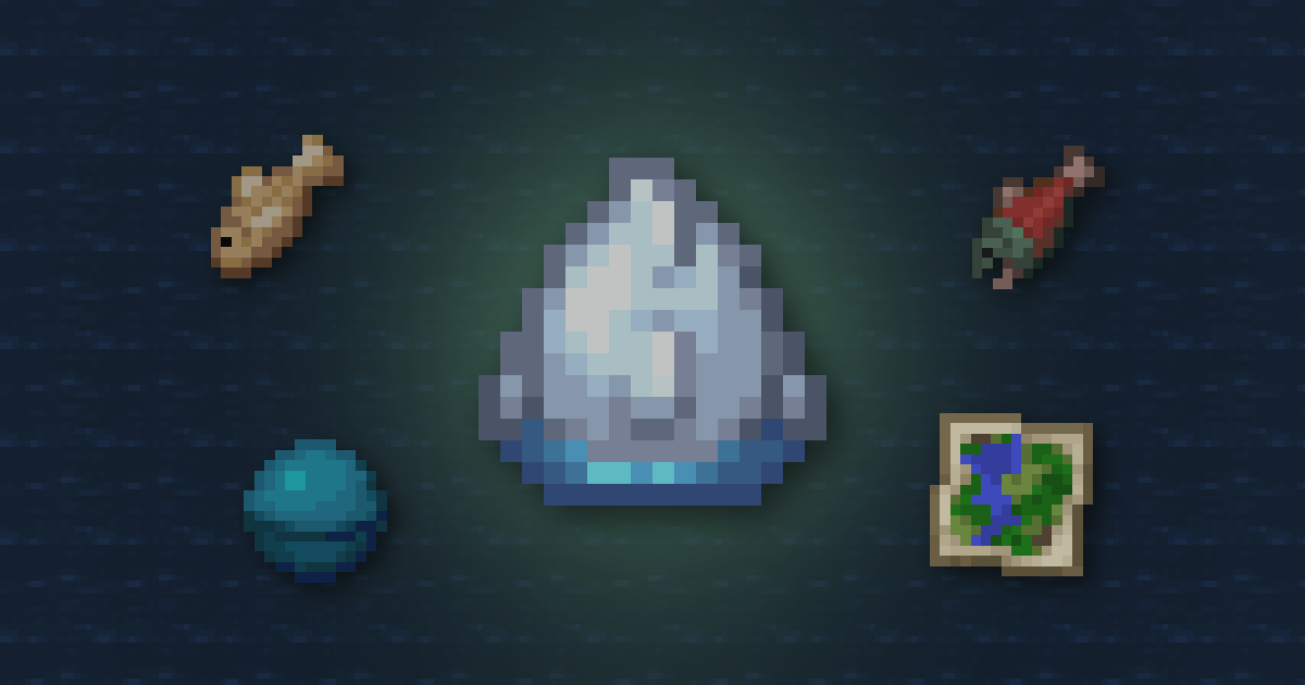 A dolphin spawn egg surrounded by a cod, a salmon, a heart of the sea and a map on water